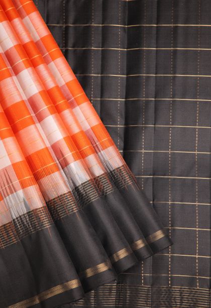 Tiger Orange Soft Silk Saree with Gold Zari Checks