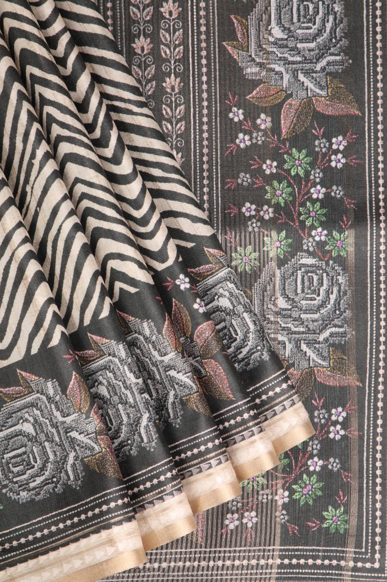 Charleston Black Semi Tussar Silk with Gold Zari Zig Zag Pattern view 1