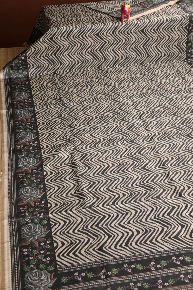 Charleston Black Semi Tussar Silk with Gold Zari Zig Zag Pattern view 2