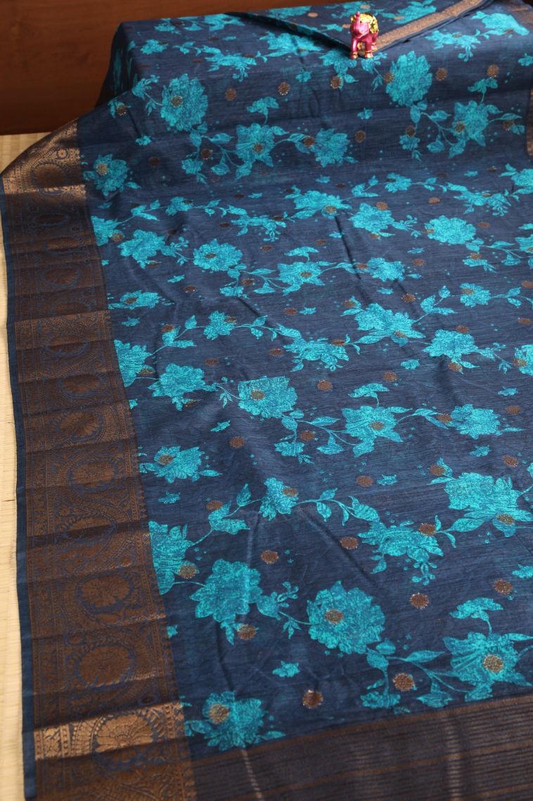 Indigo Blue Jute Sarees with Antic Zari Floral Patterns view 2