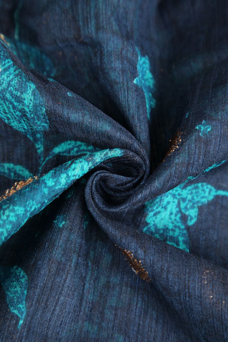 Indigo Blue Jute Sarees with Antic Zari Floral Patterns view 4