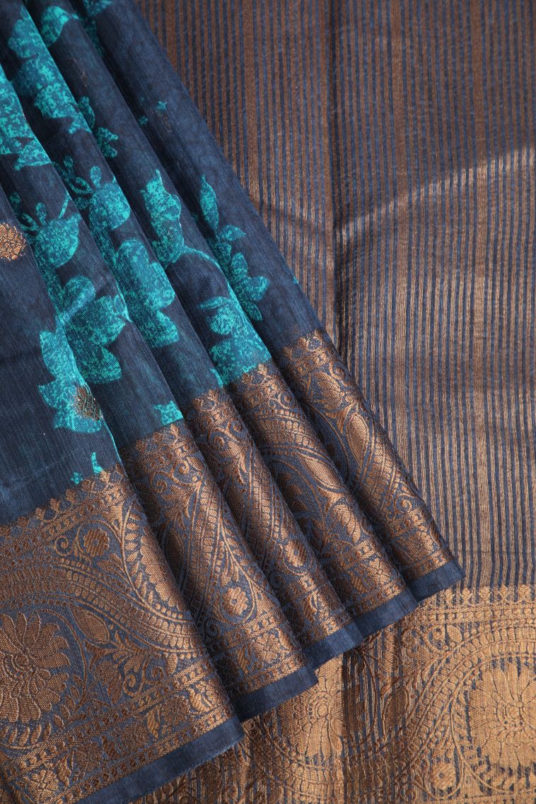 Indigo Blue Jute Sarees with Antic Zari Floral Patterns view 1