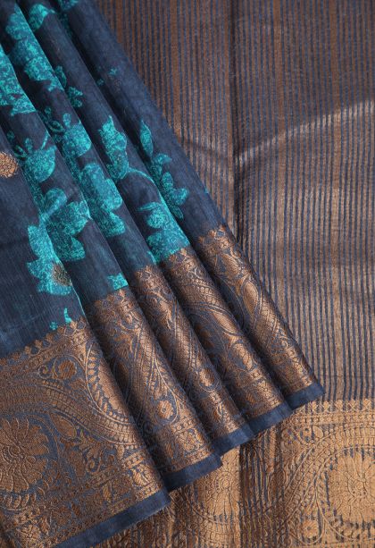 Indigo Blue Jute Sarees with Antic Zari Floral Patterns