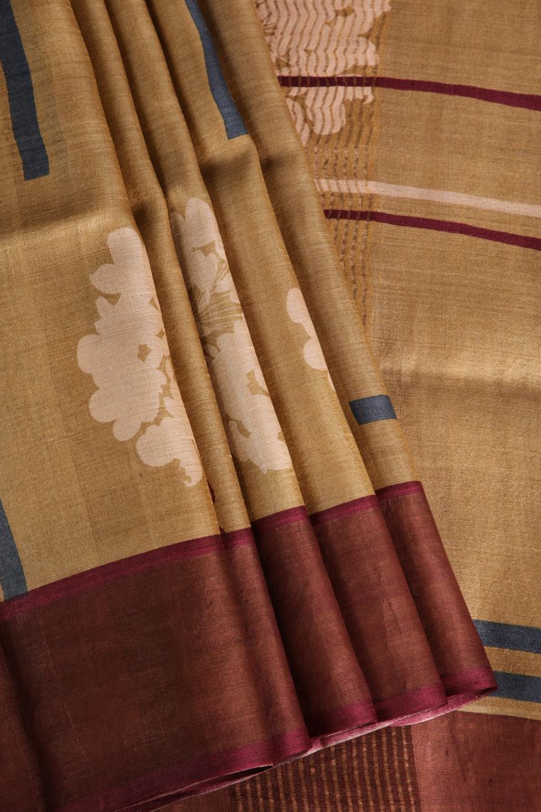 Oat Yellow Tussar Saree with Gold Zari Floral Patterns view 1