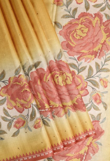 Macaroon Yellow Tussar Saree with Without Zari Zari Mirror Jamiki Puttas