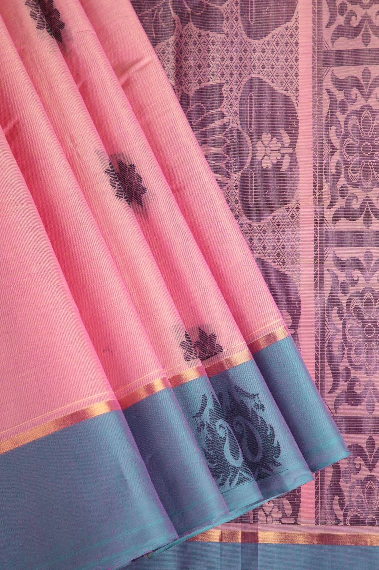 Rose Pink Chettinad Cotton Sarees with Gold Zari Floral Puttas view 1