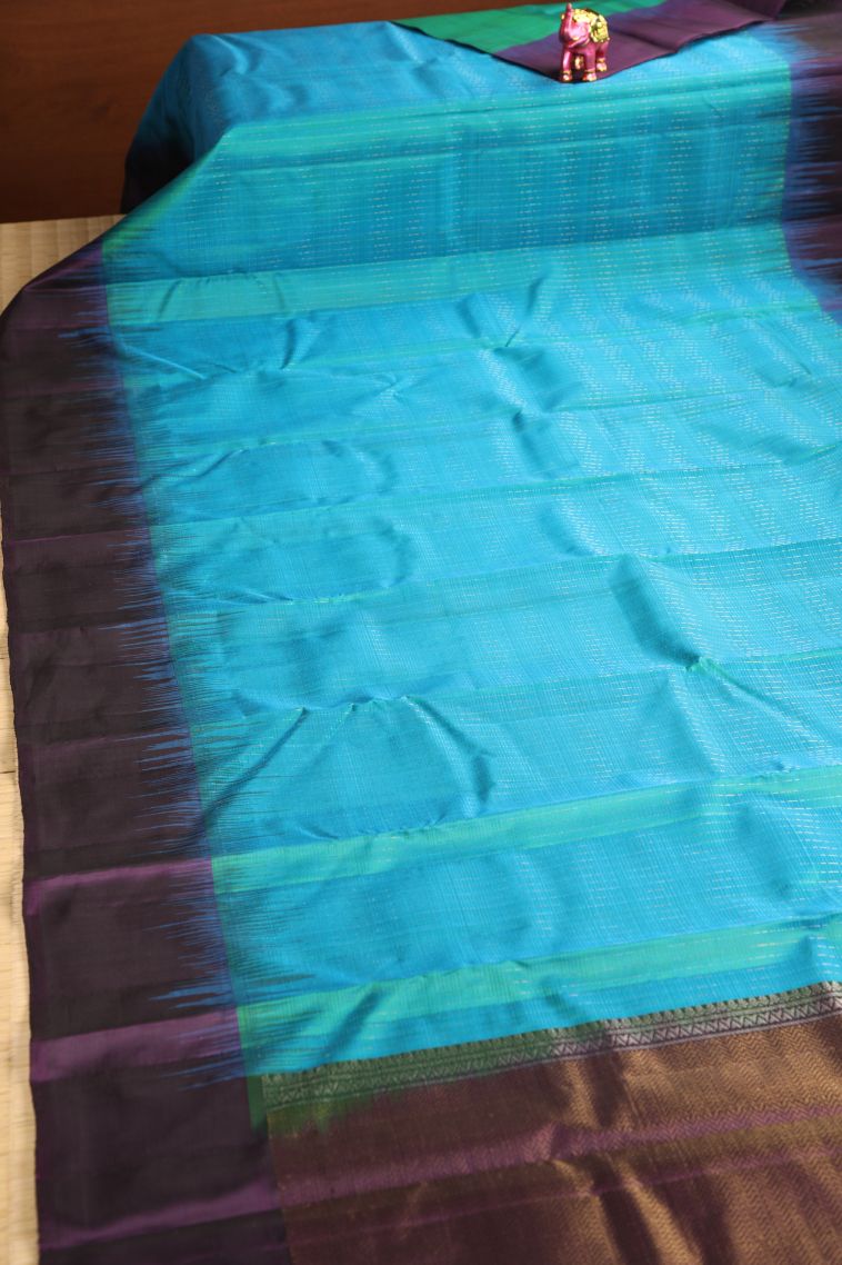 Cerulean Blue Soft Silk Saree with Gold Zari Plain view 2