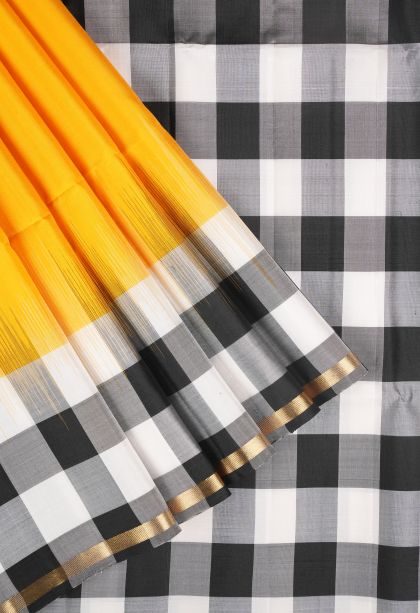 Lemon Yellow Soft Silk Saree with Gold Zari Checks