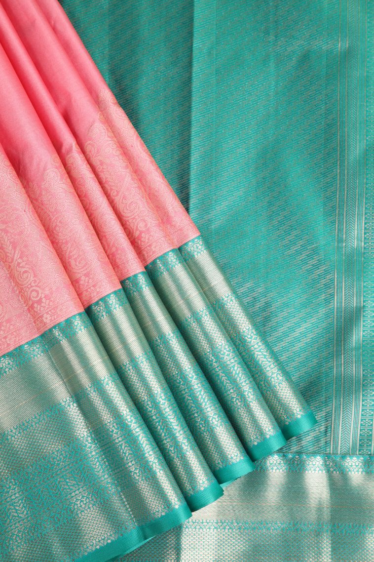 Watermelon Pink Apoorva Silk Sarees with Gold Zari Floral Puttas view 1