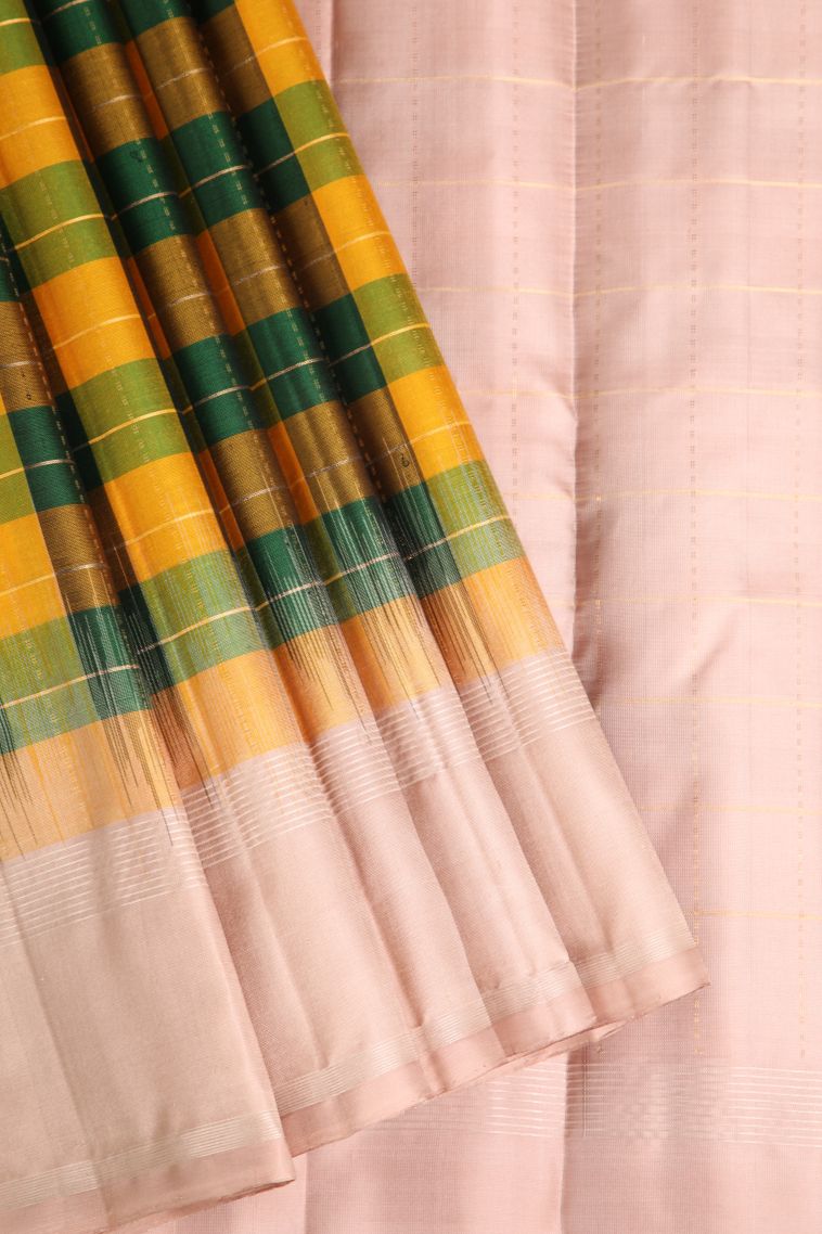 Pine Green Soft Silk Saree with Gold Zari Checks