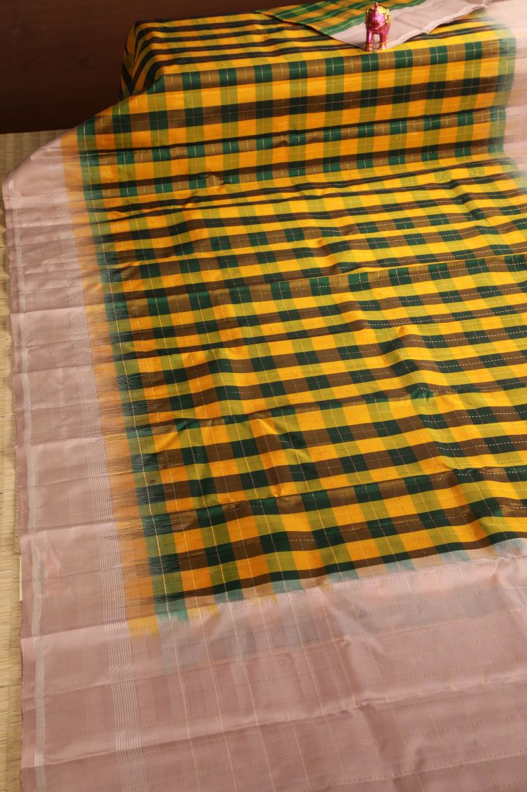 Pine Green Soft Silk Saree with Gold Zari Checks view 2