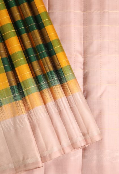 Pine Green Soft Silk Saree with Gold Zari Checks