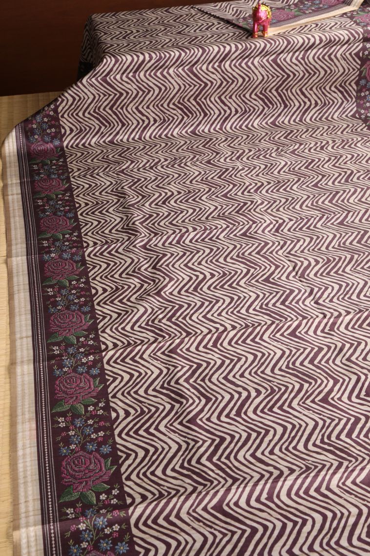 Grape Purple Semi Tussar Silk with Gold Zari Zig Zag Pattern view 2