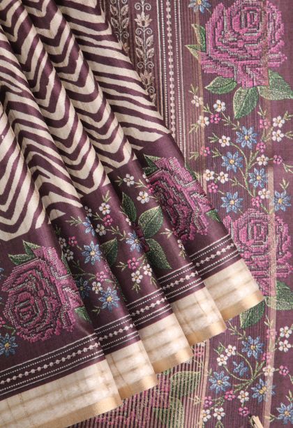 Grape Purple Semi Tussar Silk with Gold Zari Zig Zag Pattern