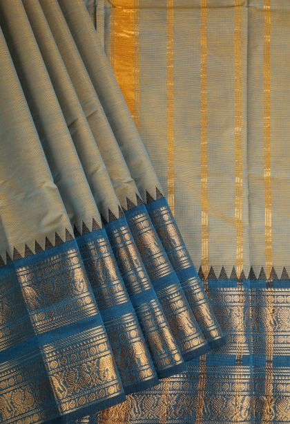 Stone Blue Chettinad Cotton Sarees with Gold Zari Plain