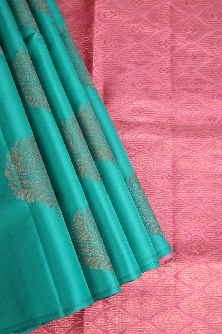 Sky Blue Soft Silk Saree with Copper Zari Floral Puttas view 1