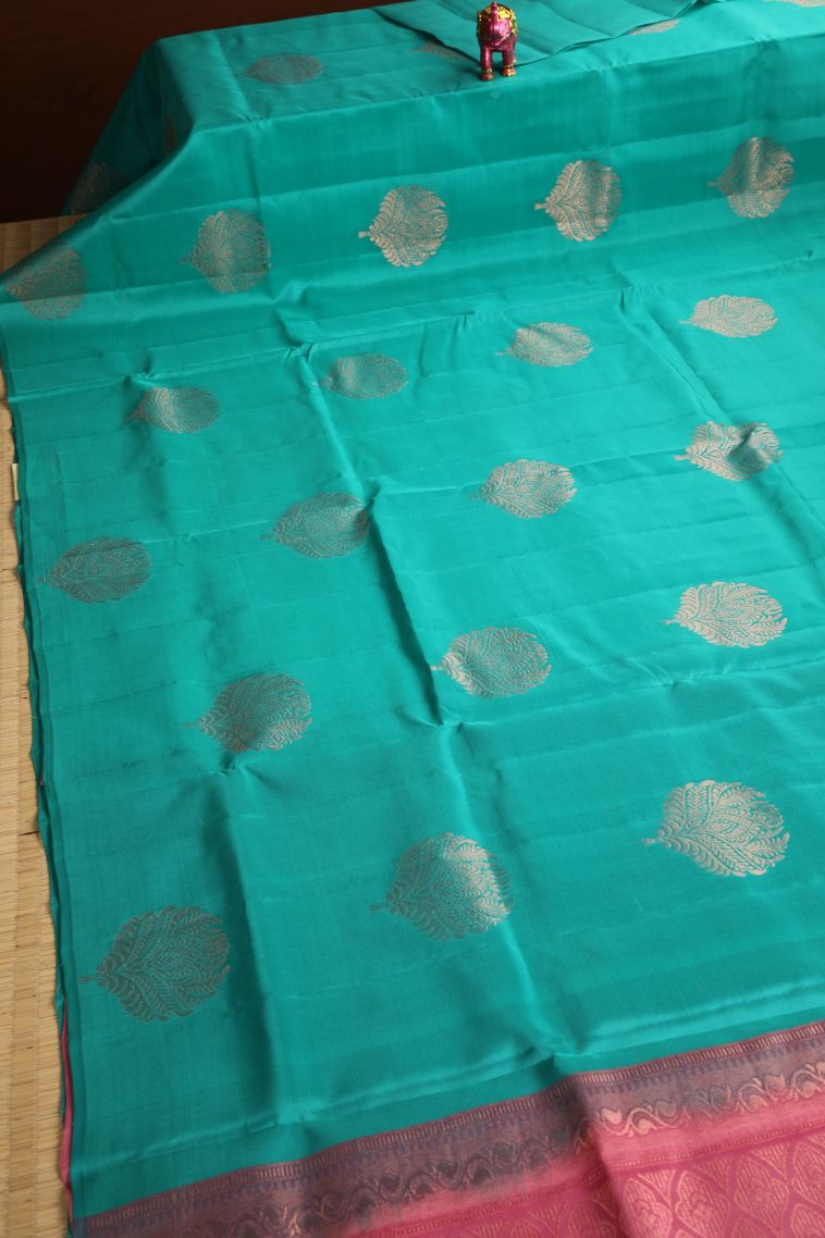Sky Blue Soft Silk Saree with Copper Zari Floral Puttas view 2