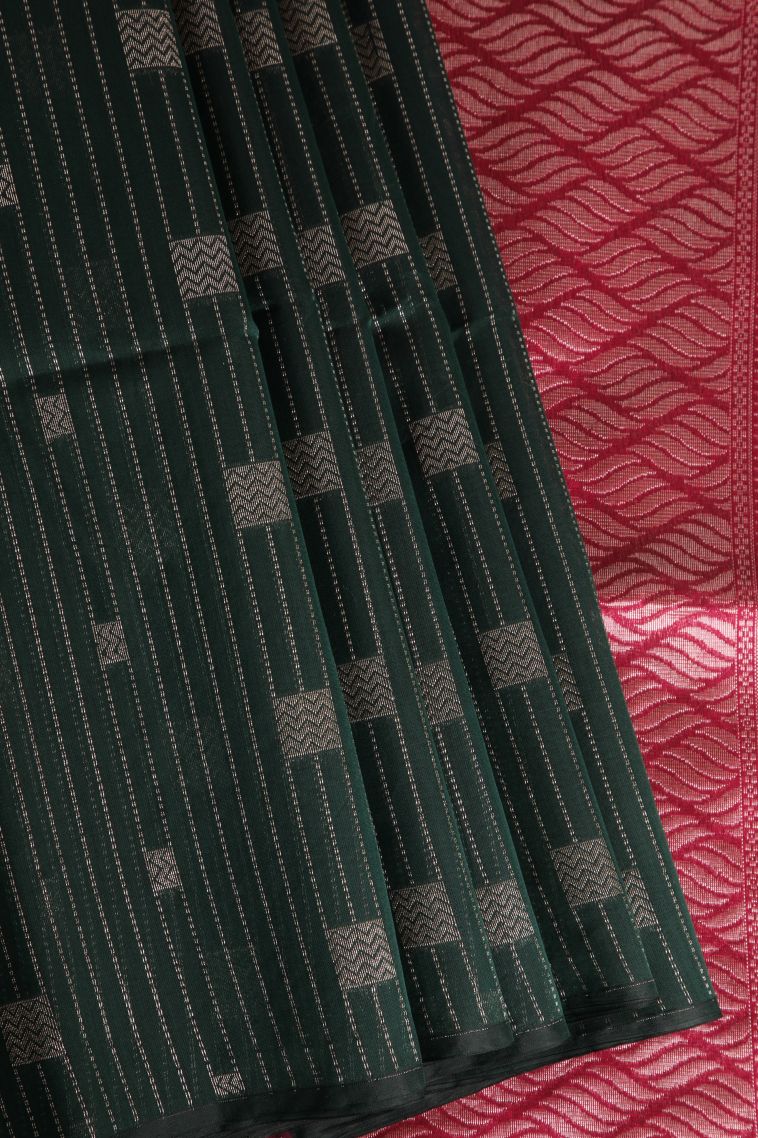Bottle Green Silk Cotton Sarees with Silver Zari Geometric Shapes view 1