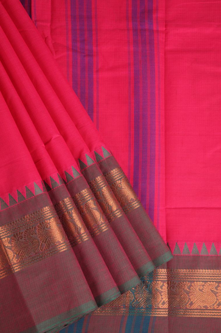 Candy Red Chettinad Cotton Sarees with Gold Zari Plain view 1