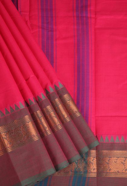 Candy Red Chettinad Cotton Sarees with Gold Zari Plain