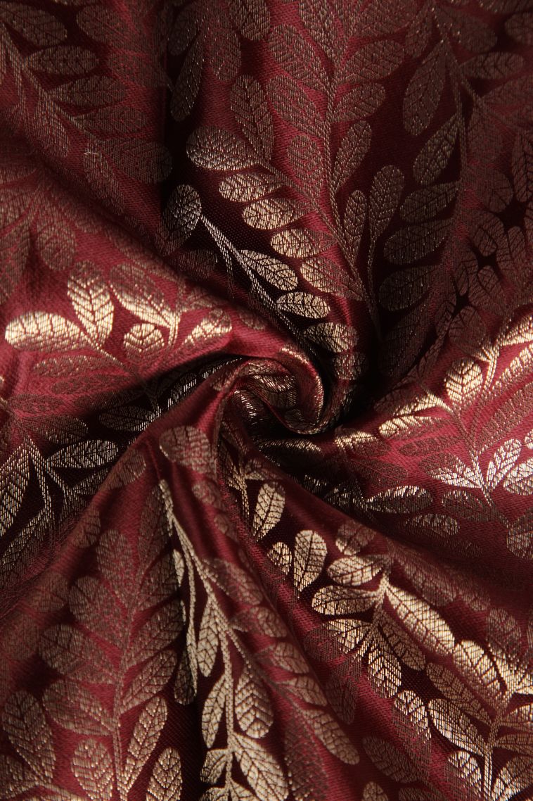 Pecan Brown Kanchipuram Silk Sarees with Gold Zari Leaf Pattern view 4