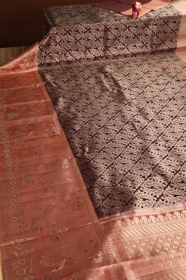 Pecan Brown Kanchipuram Silk Sarees with Gold Zari Leaf Pattern view 2