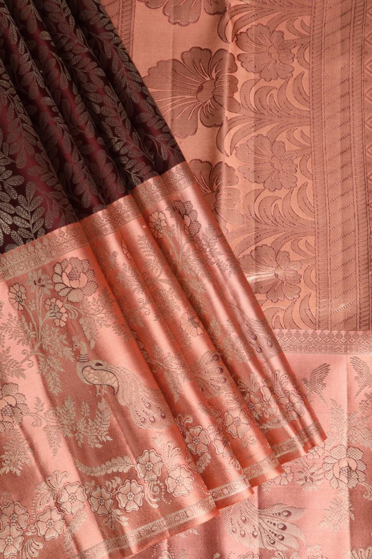 Pecan Brown Kanchipuram Silk Sarees with Gold Zari Leaf Pattern view 1