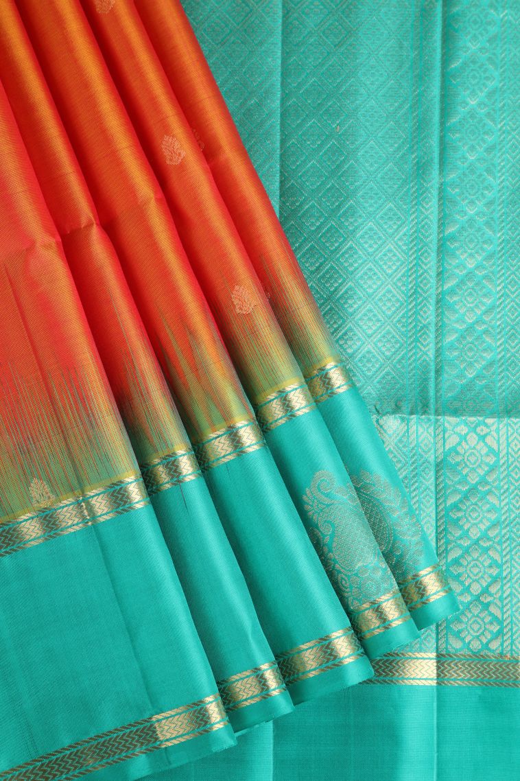 Fire Orange Soft Silk Saree with Gold Zari Floral Puttas view 1