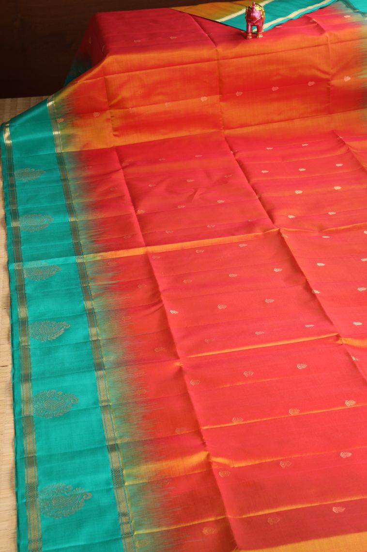 Fire Orange Soft Silk Saree with Gold Zari Floral Puttas view 2