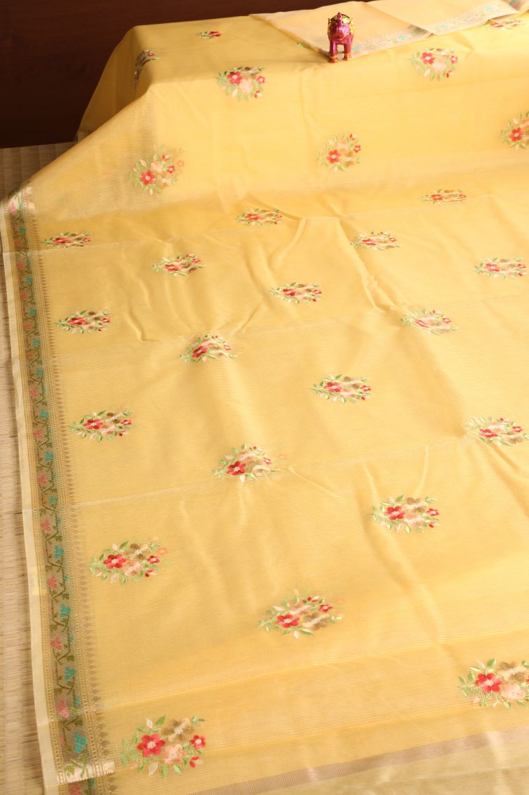 Biscotti Yellow Manipuri Cotton Sarees with Gold Zari Embroidary view 2