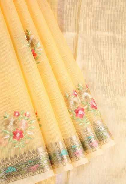 Biscotti Yellow Manipuri Cotton Sarees with Gold Zari Embroidary