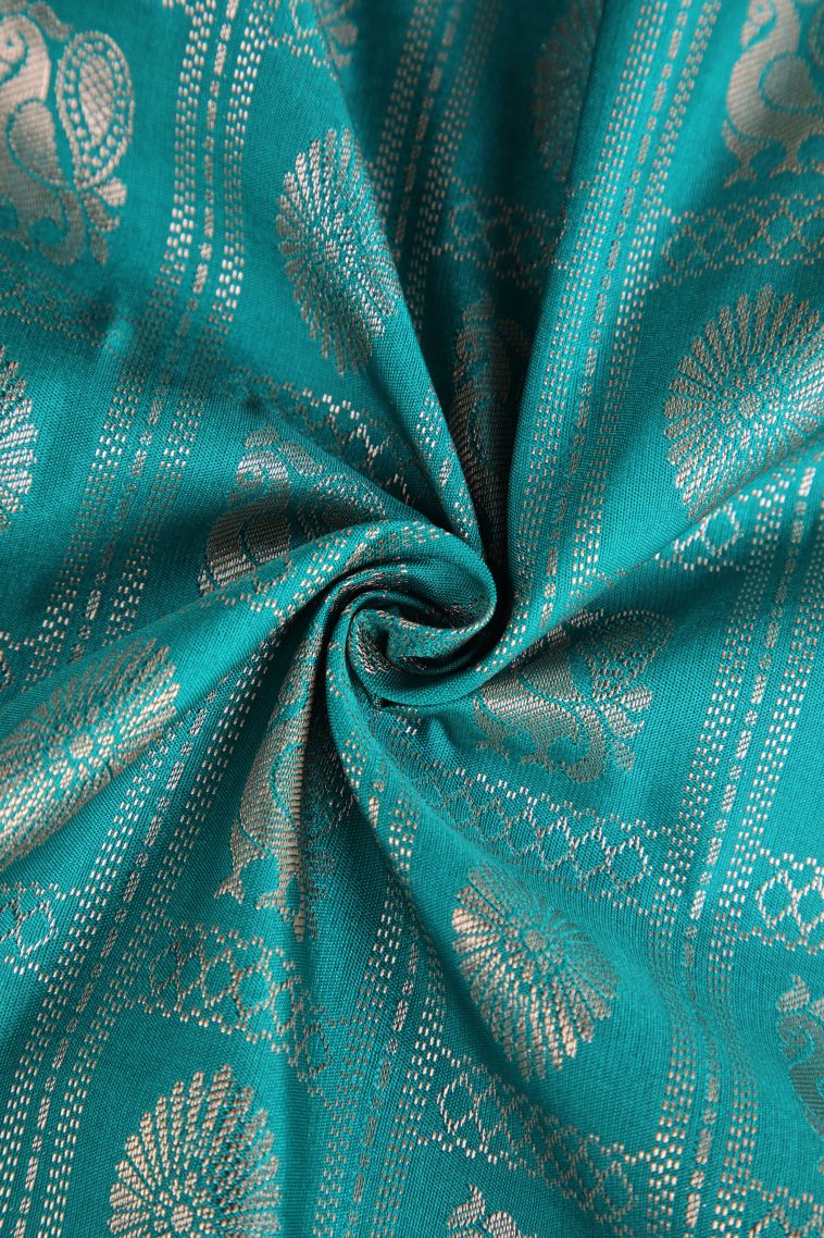 Cerulean Blue Apoorva Silk Sarees with Silver Zari Floral Puttas view 4