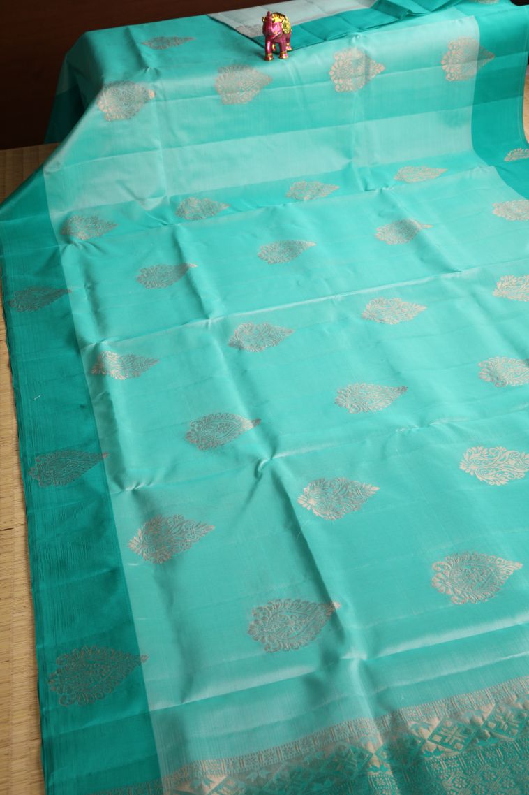 Arctic Blue Soft Silk Saree with Copper Zari Floral Puttas view 2