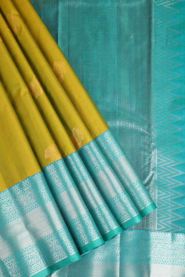 Chartreuse Green Apoorva Silk Sarees with Gold Zari Floral Puttas view 1