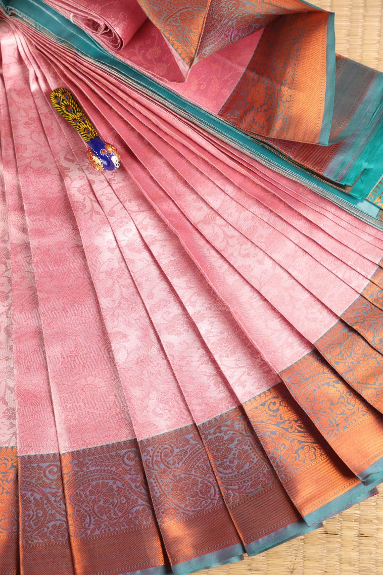 Crepe Pink Visiri Madippu Silk Sarees with Copper Zari Floral Patterns view 1