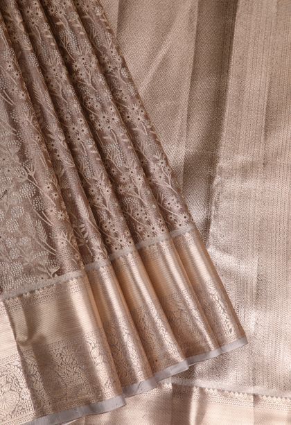 Caramel Brown Tissue Silk Sarees with Gold Zari Floral Patterns