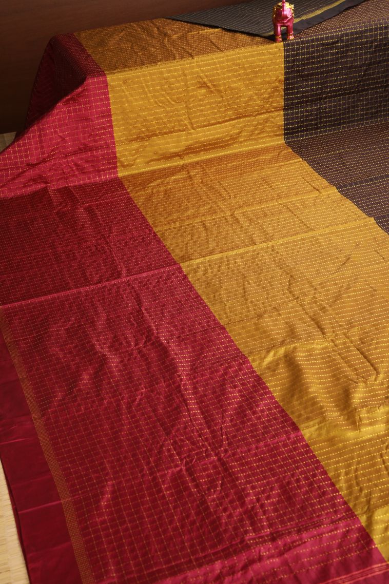 Crimson Red Soft Silk Saree with Gold Zari Checks view 2