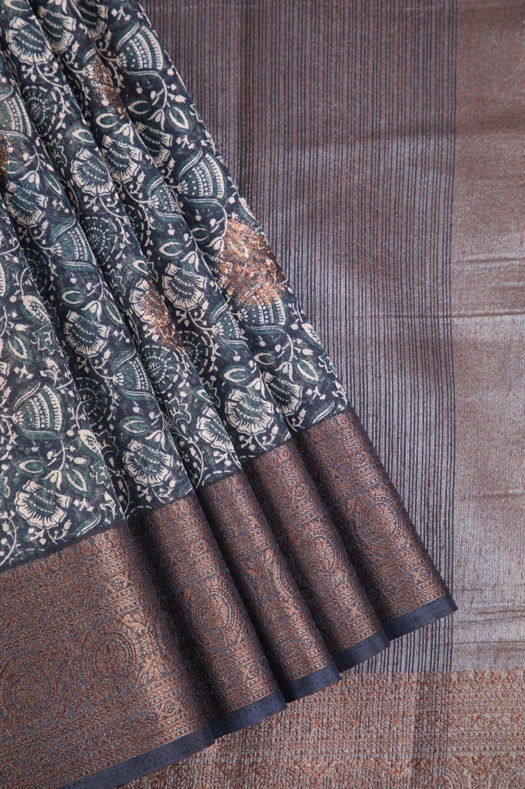 Charcoal Black Jute Sarees with Antic Zari Floral Patterns view 1