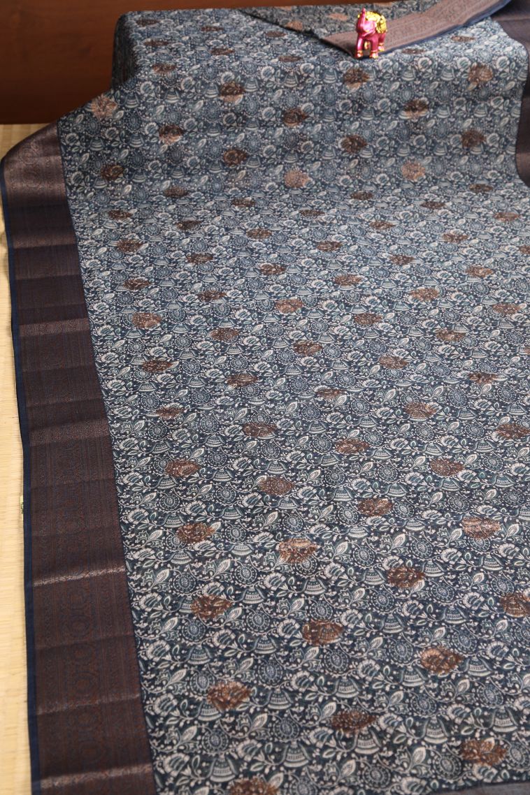 Charcoal Black Jute Sarees with Antic Zari Floral Patterns view 2