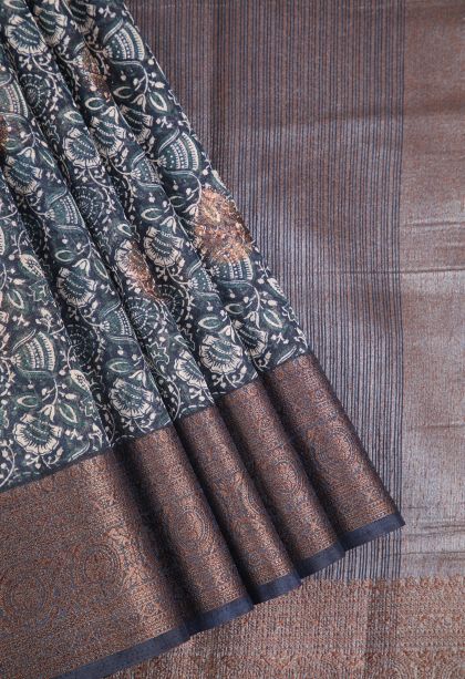 Charcoal Black Jute Sarees with Antic Zari Floral Patterns