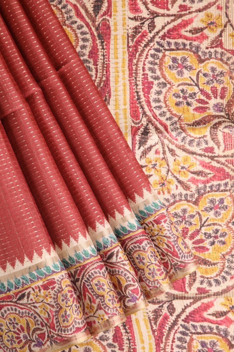 Amber Orange Semi Tussar Silk with Gold Zari Vaira Oosi view 1