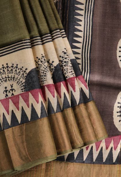 Moccon Green Tussar Saree with Gold Zari Plain With Border