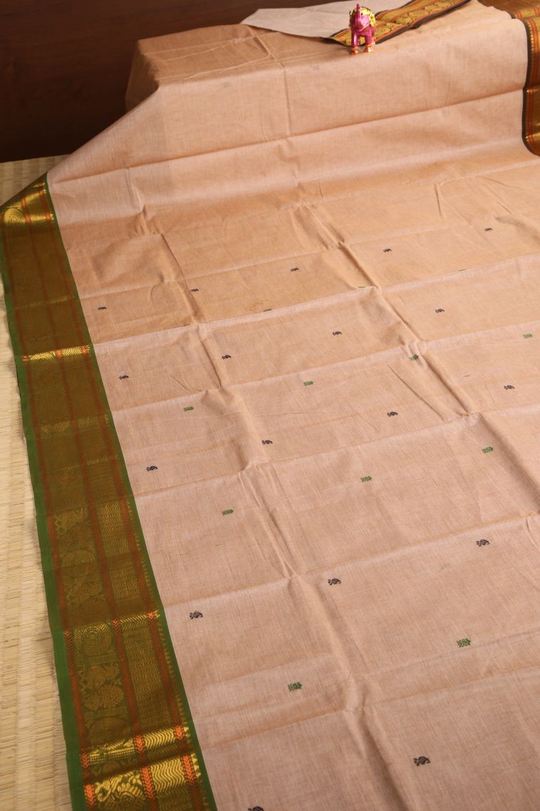 Sepia Yellow Chettinad Cotton Sarees with Gold Zari Plain view 2