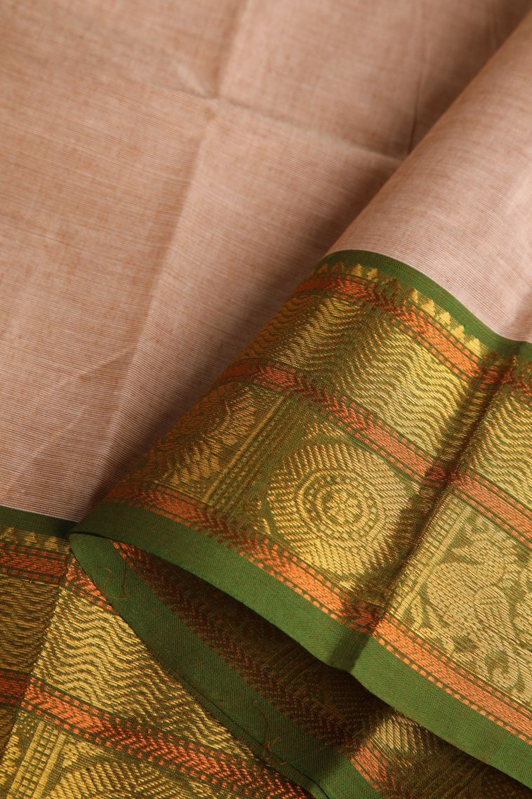 Sepia Yellow Chettinad Cotton Sarees with Gold Zari Plain view 4