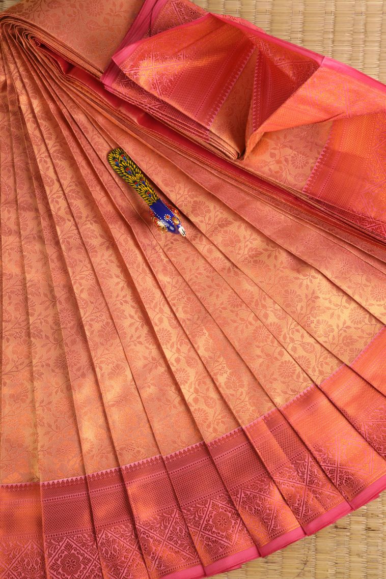 Carrot Orange Visiri Madippu Silk Sarees with Copper Zari Floral Patterns view 1