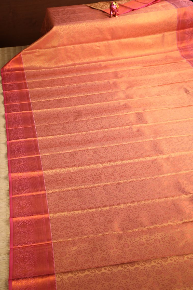 Carrot Orange Visiri Madippu Silk Sarees with Copper Zari Floral Patterns view 2
