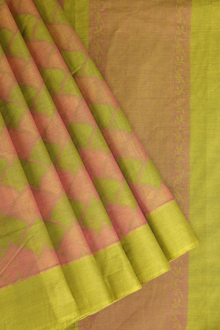 Lime Green Kovai Cotton Sarees with Without Zari Zari Geometric Shapes view 1