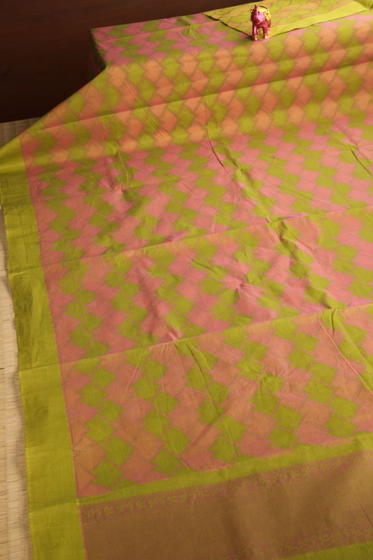 Lime Green Kovai Cotton Sarees with Without Zari Zari Geometric Shapes view 2