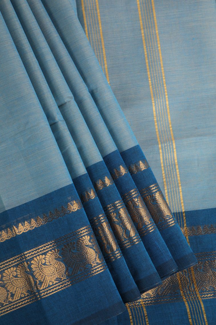 Cerulean Blue Chettinad Cotton Sarees with Gold Zari Plain view 1