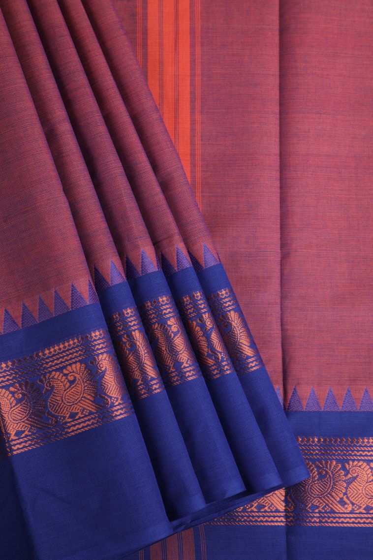 Bosenberry Purple Chettinad Cotton Sarees with Gold Zari Plain view 1